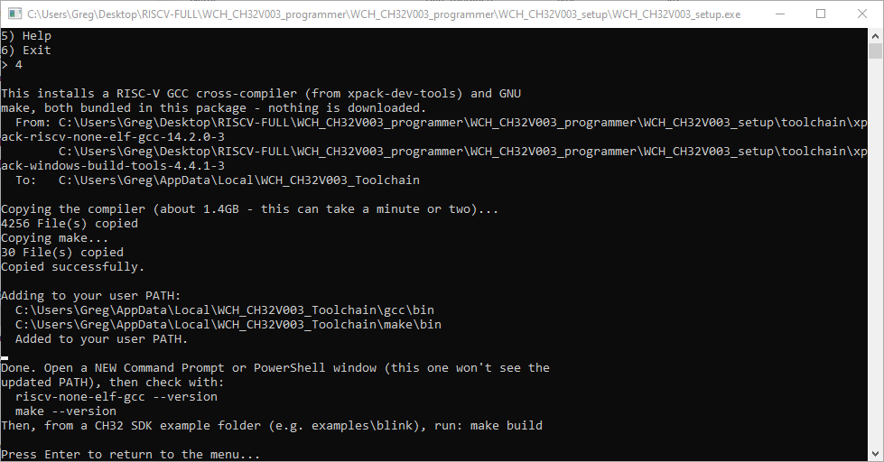Setup tool copying the bundled RISC-V toolchain and updating PATH